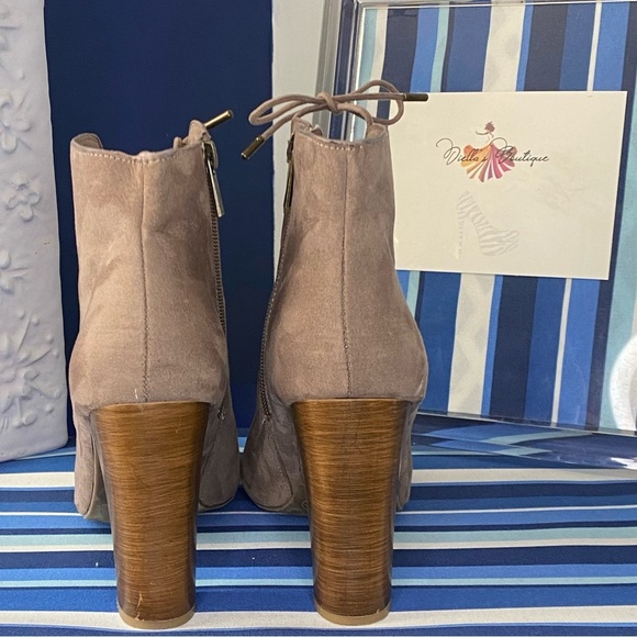 Light brown/beige suede like lace up open toe chunky high heel ankle booties - Picture 8 of 15